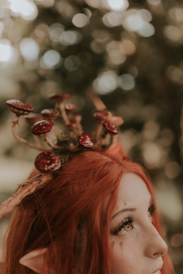 Enchanting close-up of a woman in costume with mushrooms and elf ears in a mystical forest.