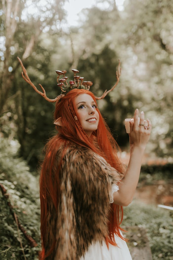 Fantasy portrait of a red-haired elf fairy in a forest setting, exuding whimsical charm.